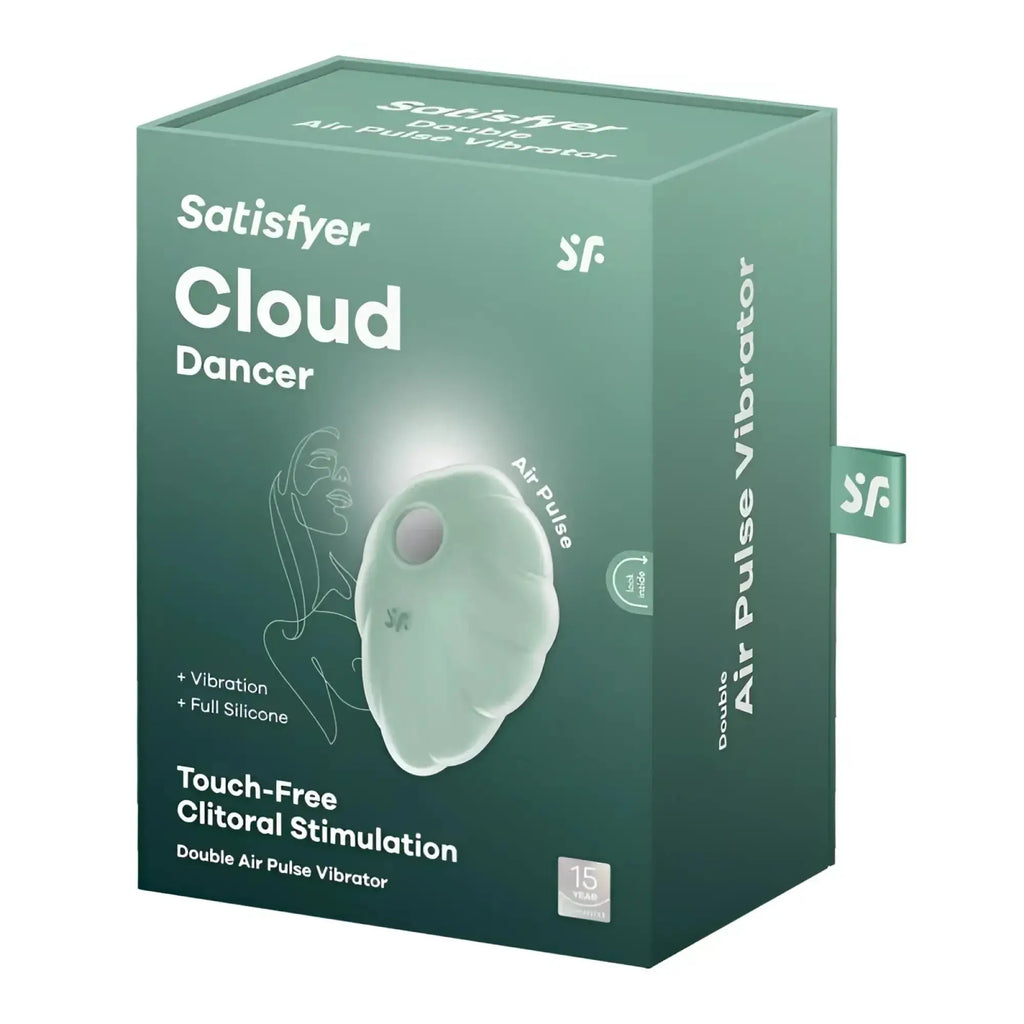 Satisfyer cloud dancer mint is a mint green silicone double air pulse vibrator with a smooth cloud-like design