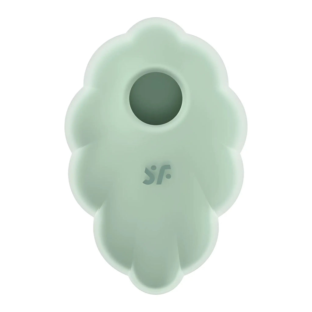 A soft mint-green silicone baby teether shaped like a cloud with a central hole and the sf logo embossed on it
