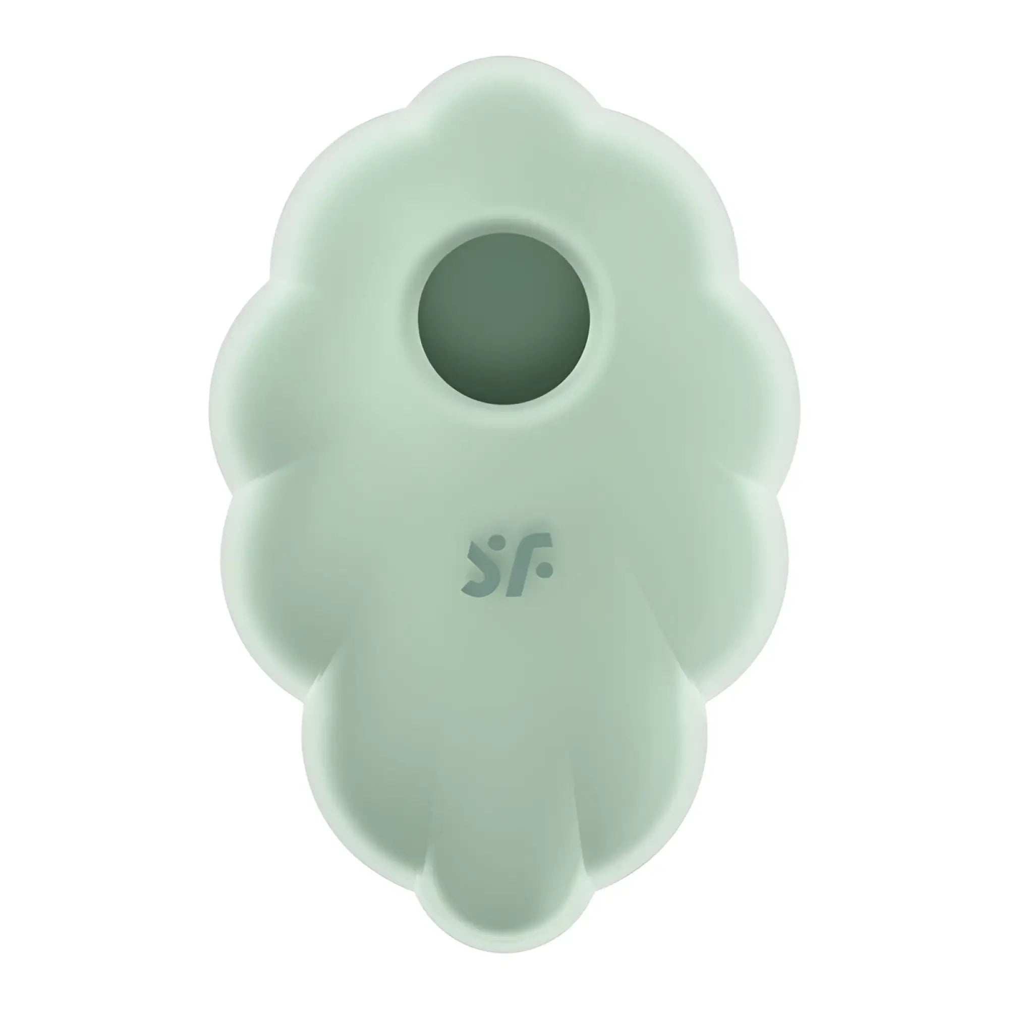 A soft mint-green silicone baby teether shaped like a cloud with a central hole and the sf logo embossed on it