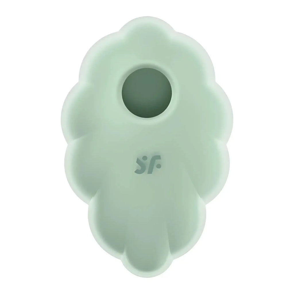 A soft mint-green silicone baby teether shaped like a cloud with a central hole and the sf logo embossed on it