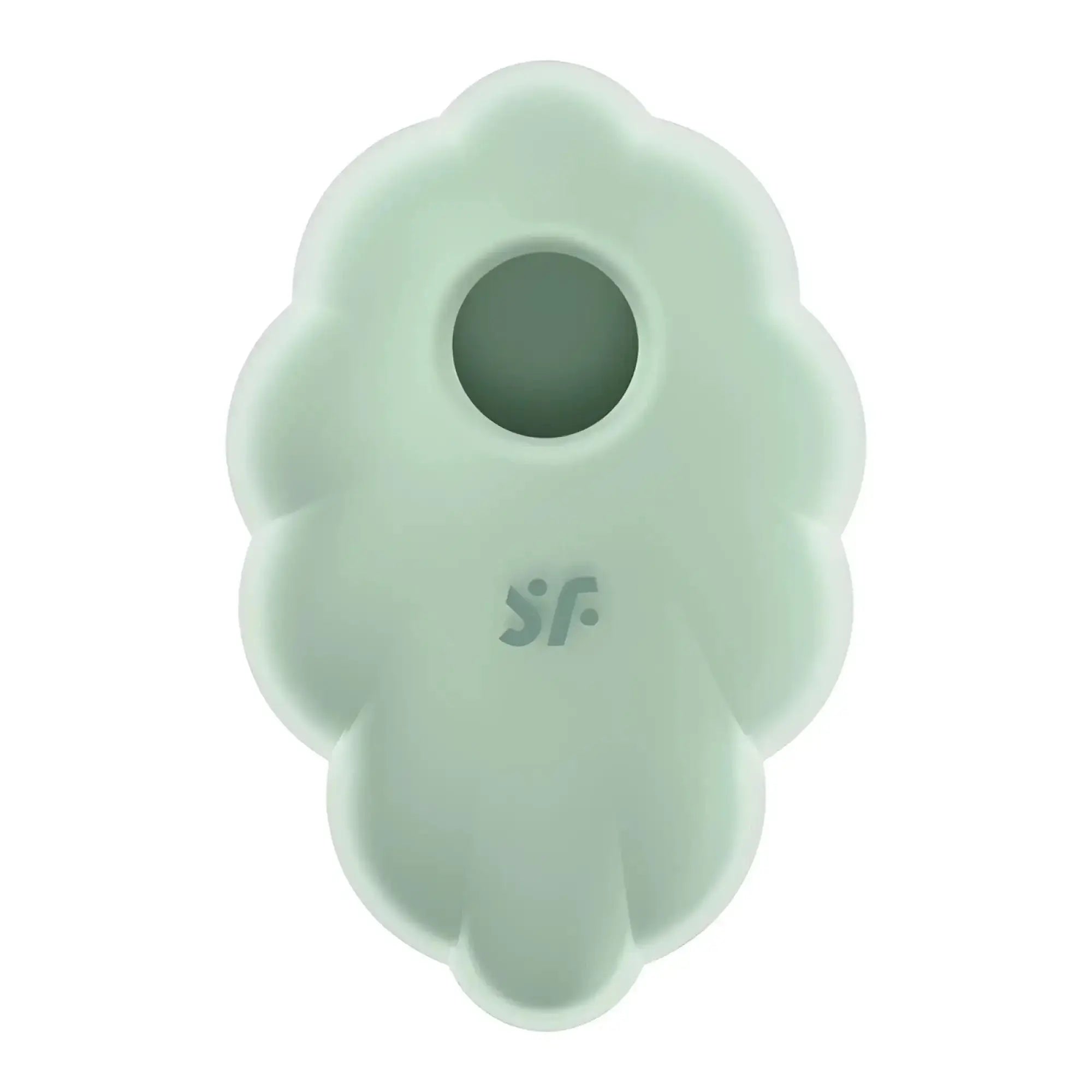 A soft mint-green silicone baby teether shaped like a cloud with a central hole and the sf logo embossed on it