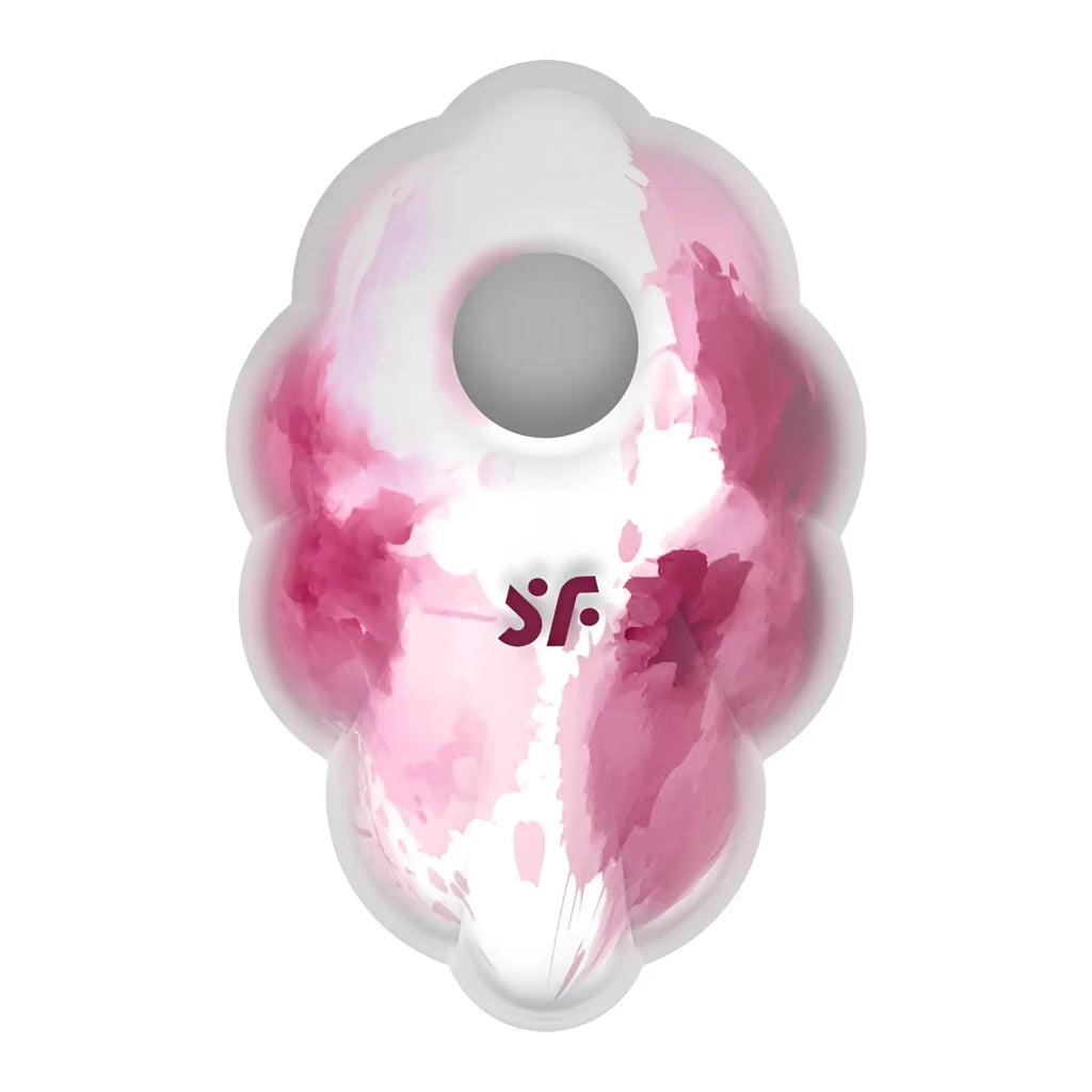 Satisfyer Cloud Dancer Red silicone phone stand with pink and white watercolor pattern and central circular hole