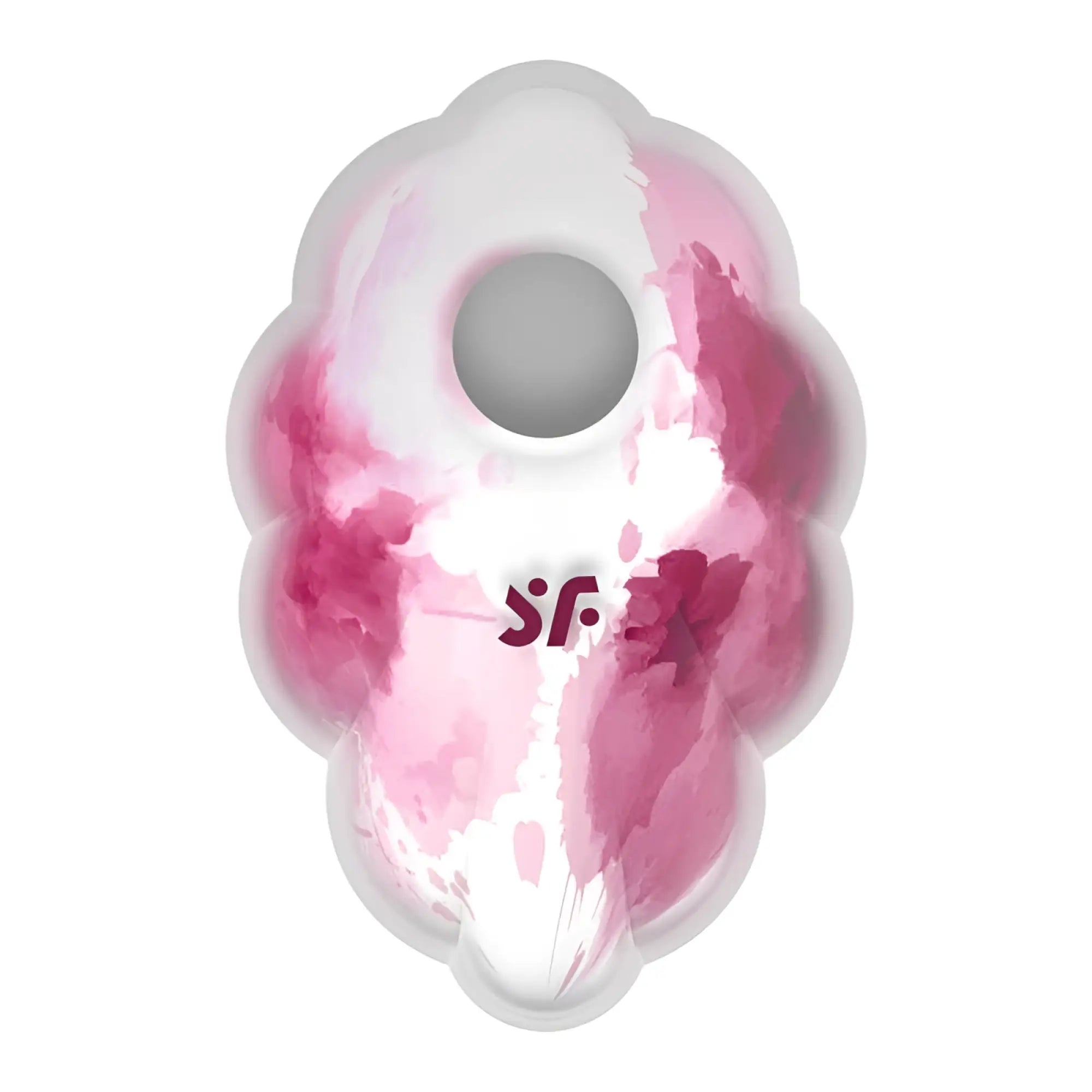 Satisfyer Cloud Dancer Red silicone phone stand with pink and white watercolor pattern and central circular hole