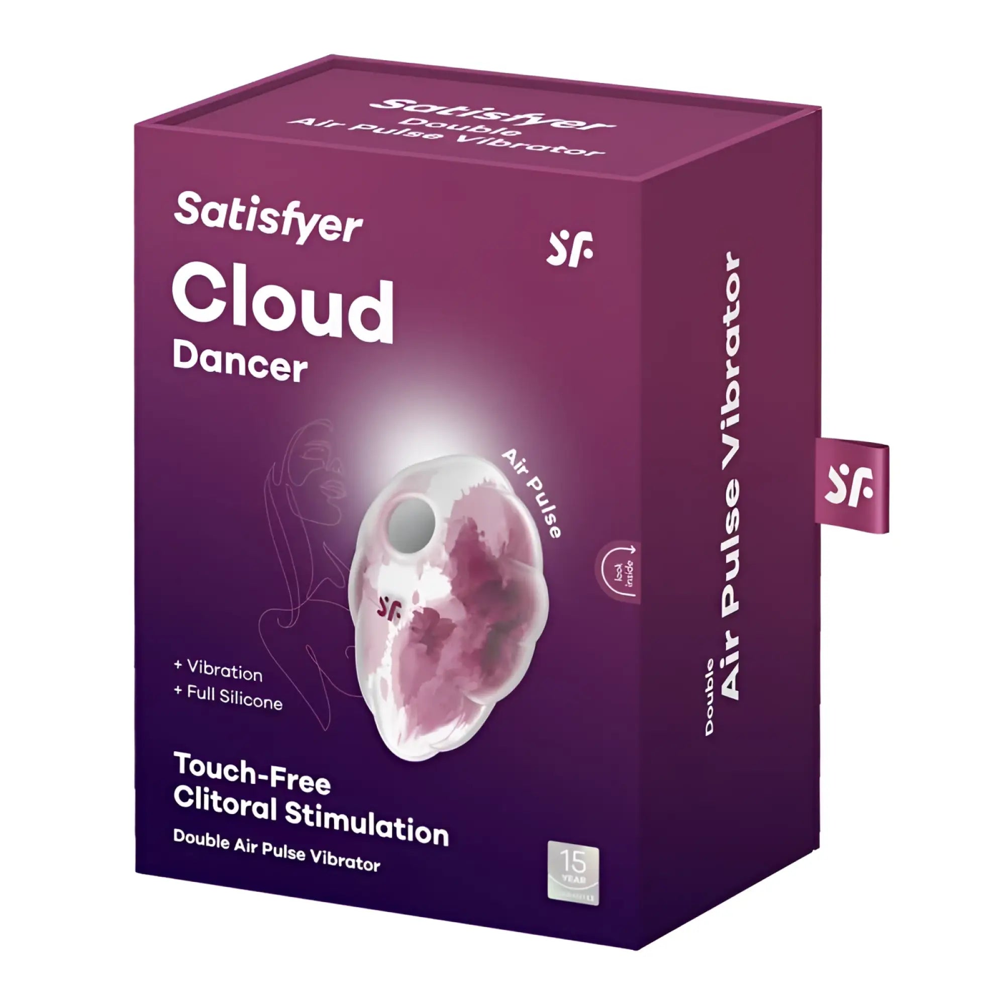 Purple box containing the satisfyer cloud dancer red double air pulse vibrator made of full silicone