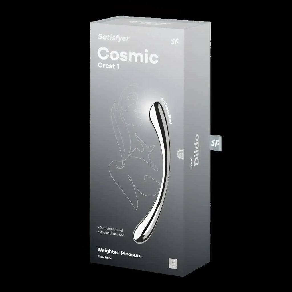 Silver metallic Satisfyer Cosmic Crest 1 steel dildo in sleek packaging designed for metal dildo use