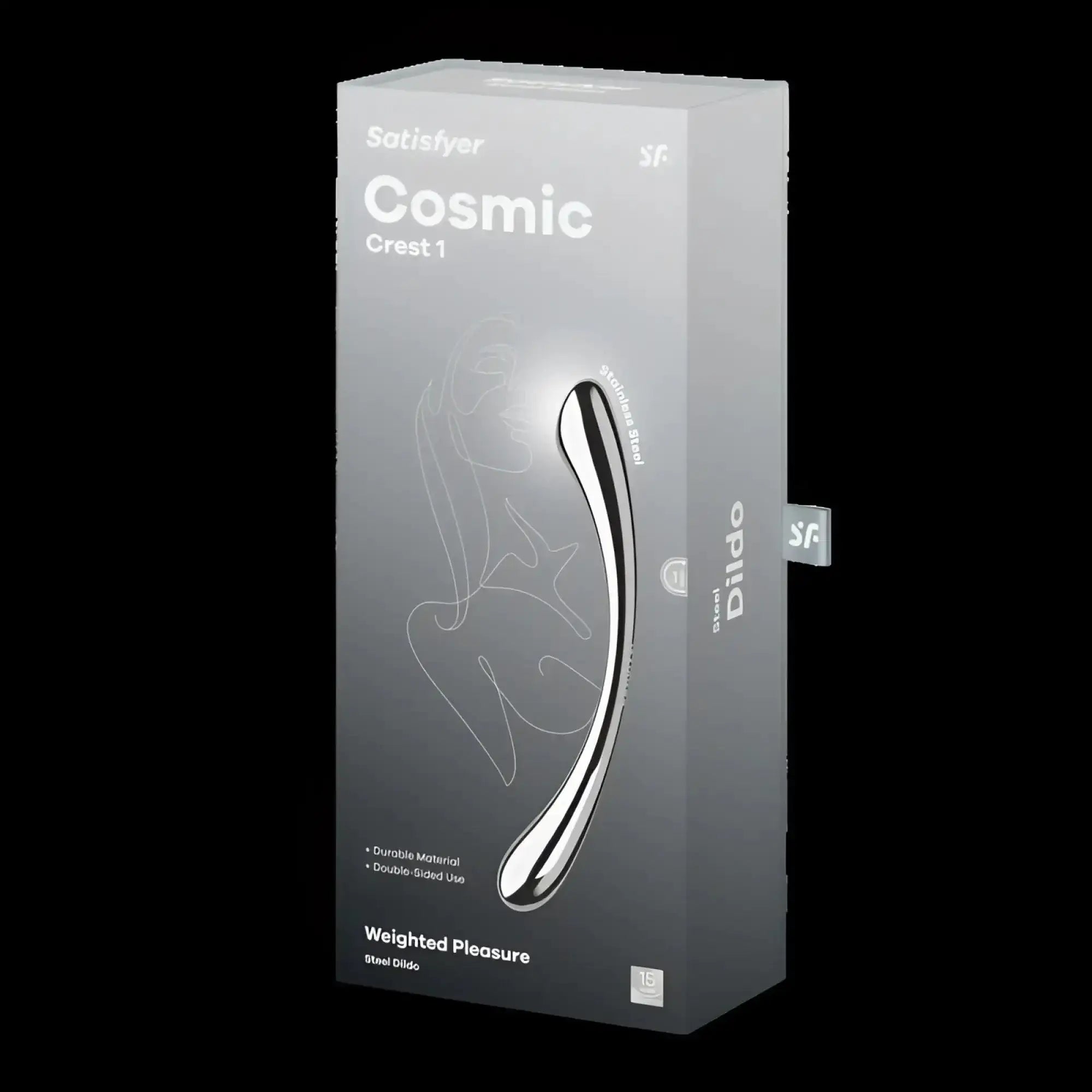 Silver metallic Satisfyer Cosmic Crest 1 steel dildo in sleek packaging designed for metal dildo use