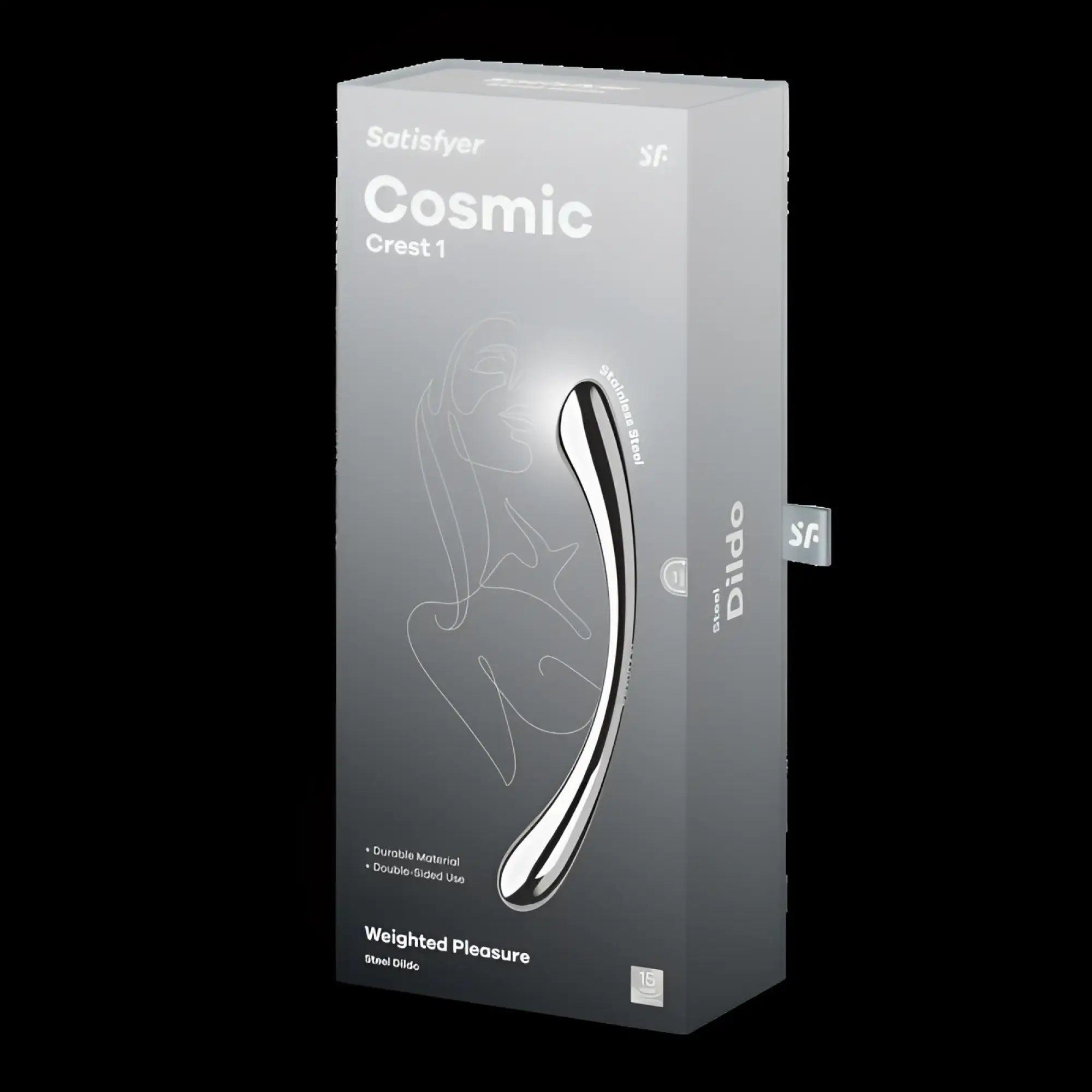 Silver metallic Satisfyer Cosmic Crest 1 steel dildo in sleek packaging designed for metal dildo use