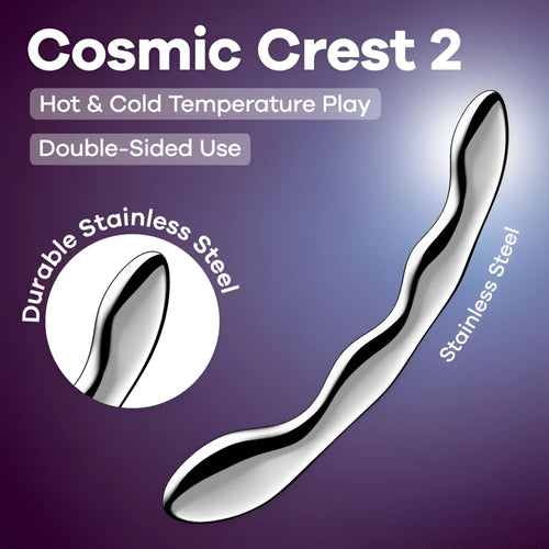 Silver-colored sleekly curved satisfyer cosmic crest 2 metal dildo made of durable polished stainless steel