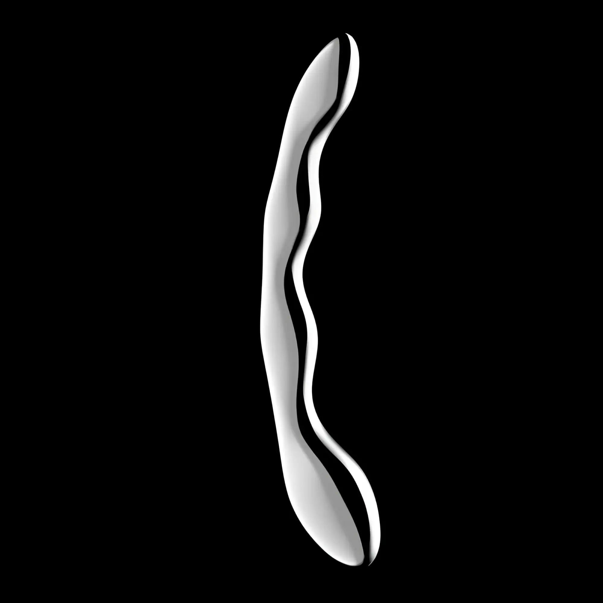 A sleek silver-toned sculptural spoon shaped metal dildo with smooth flowing curve by Satisfyer Cosmic Crest 2