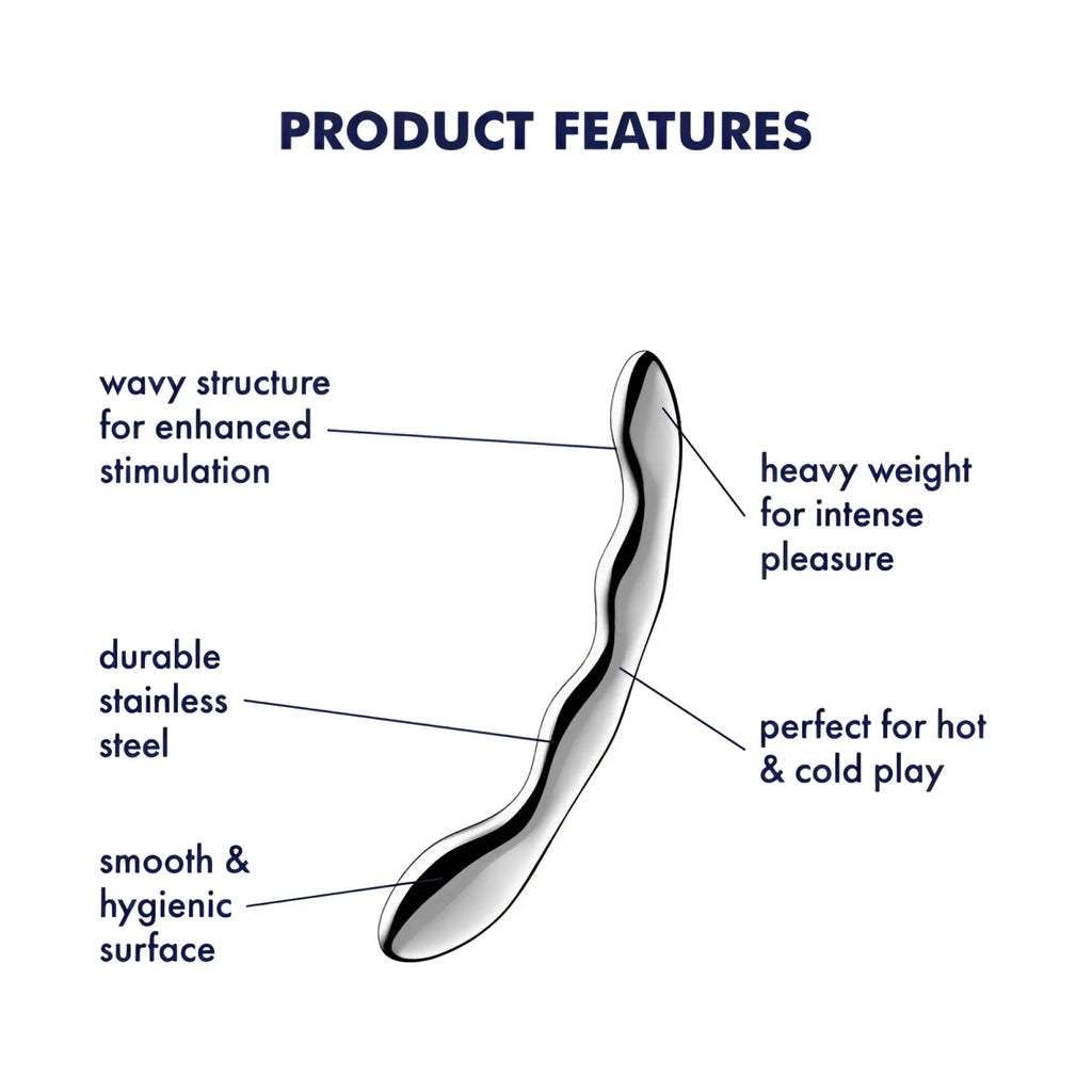 Satisfyer cosmic crest 2 metal dildo with a sleek wavy shape and smooth stainless steel surface for pleasure