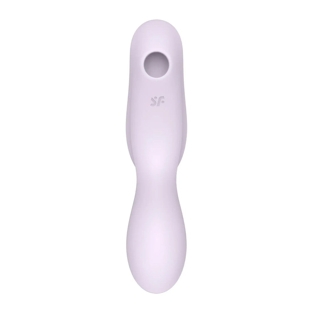 A sleek lavender silicone insertable air pulse vibrator with an ergonomic design and sf logo near the top