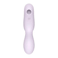 A sleek lavender silicone insertable air pulse vibrator with an ergonomic design and sf logo near the top