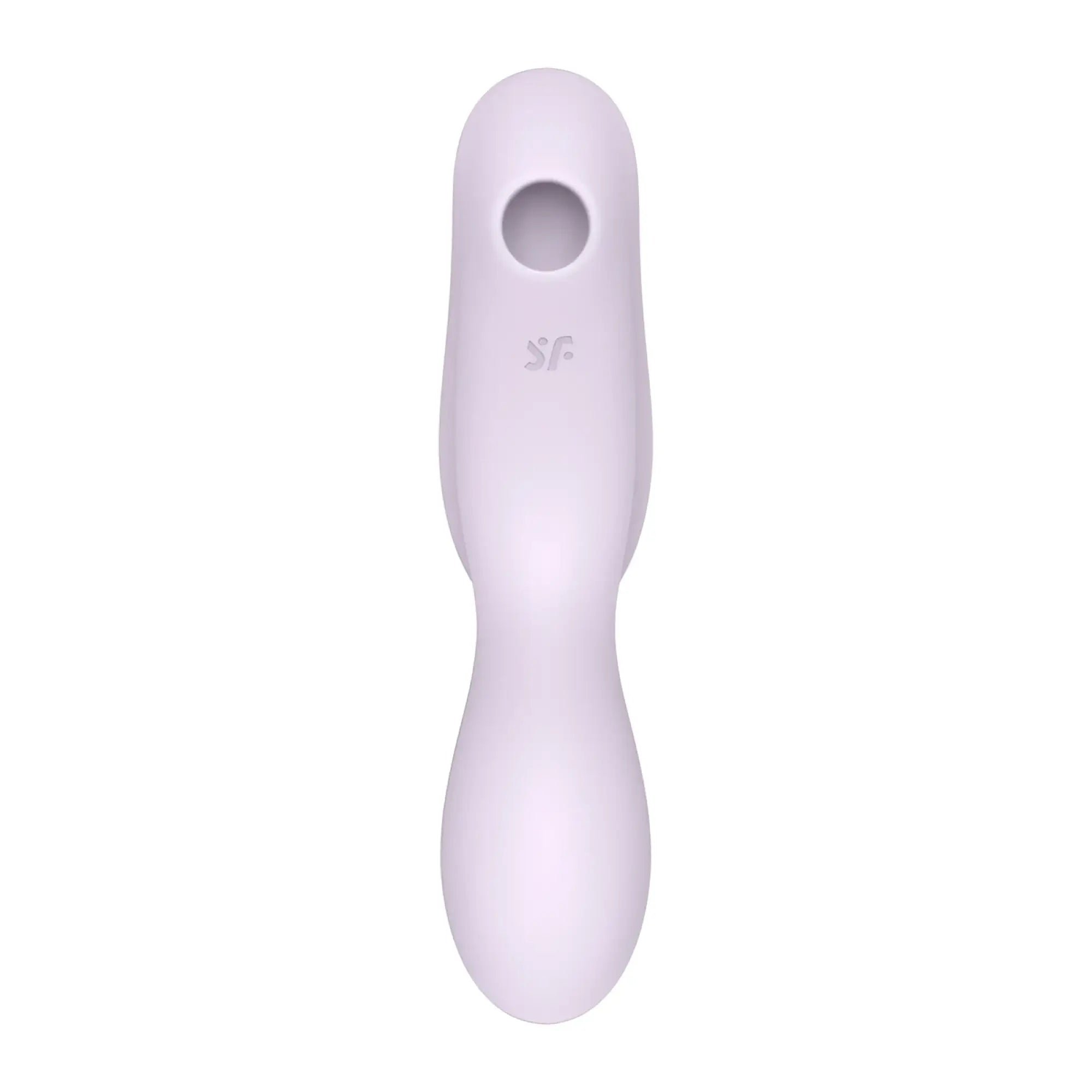 A sleek lavender silicone insertable air pulse vibrator with an ergonomic design and sf logo near the top