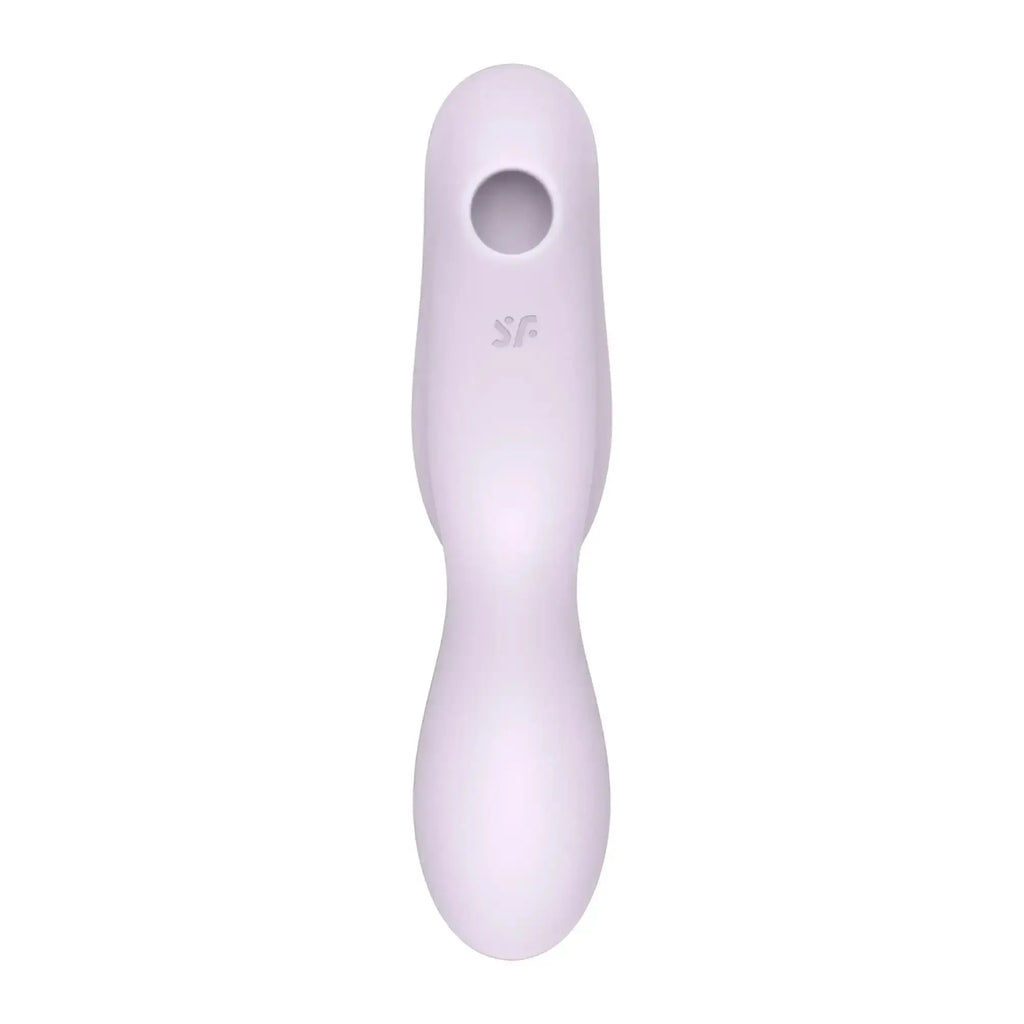 A sleek lavender silicone insertable air pulse vibrator with an ergonomic design and sf logo near the top