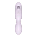 A sleek lavender silicone insertable air pulse vibrator with an ergonomic design and sf logo near the top