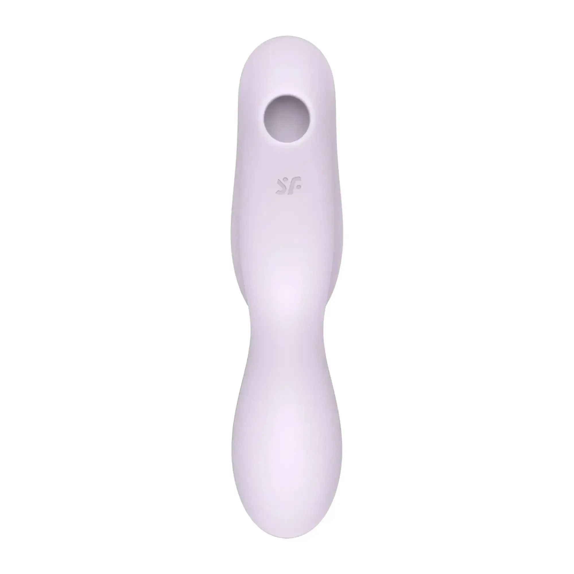 A sleek lavender silicone insertable air pulse vibrator with an ergonomic design and sf logo near the top