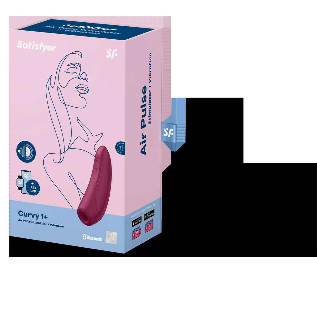 Satisfyer curvy 1+ air pulse stimulator in sleek matte burgundy with ergonomic contours and bluetooth connectivity