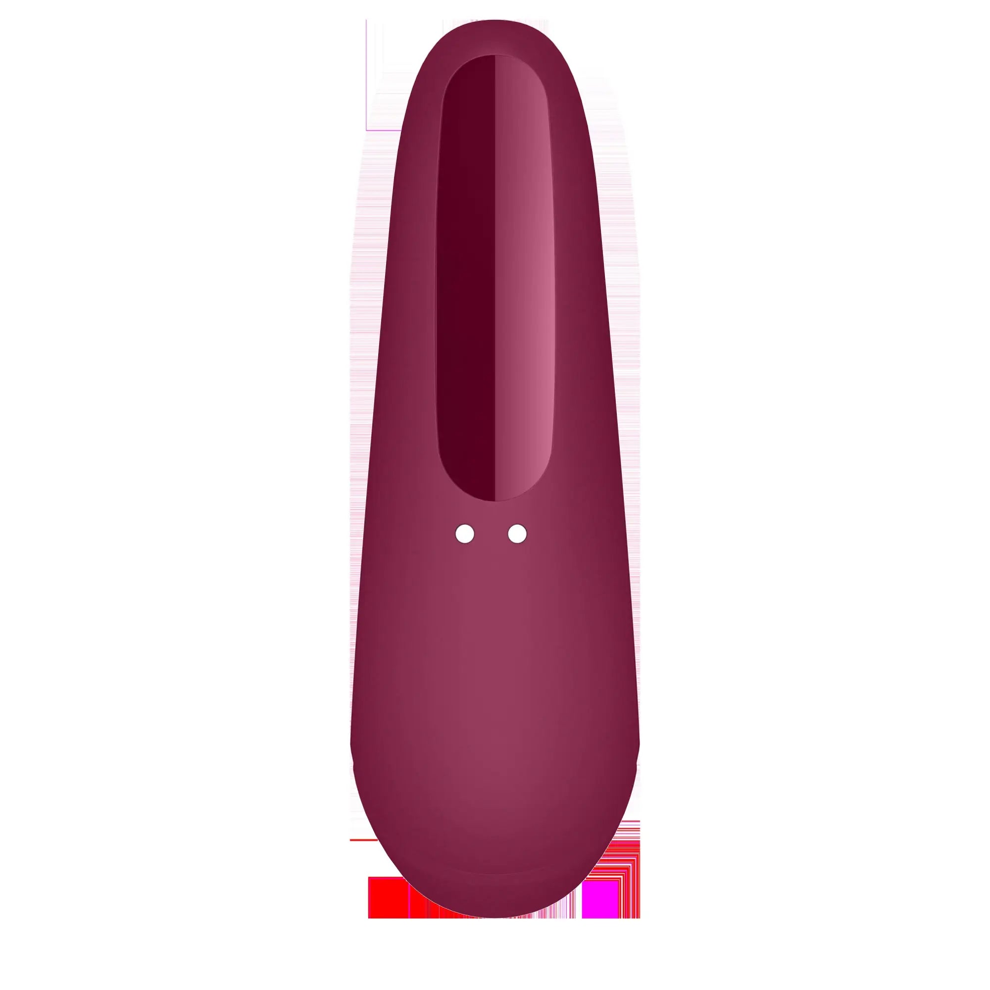 Satisfyer curvy1+ rose red matte burgundy silicone remote control with smooth oval shape and two white buttons near bottom