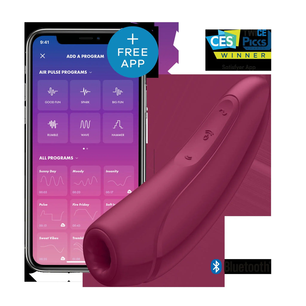 Satisfyer curvy1+ rose red app-connected vibrator with sleek matte magenta finish and ergonomic control buttons