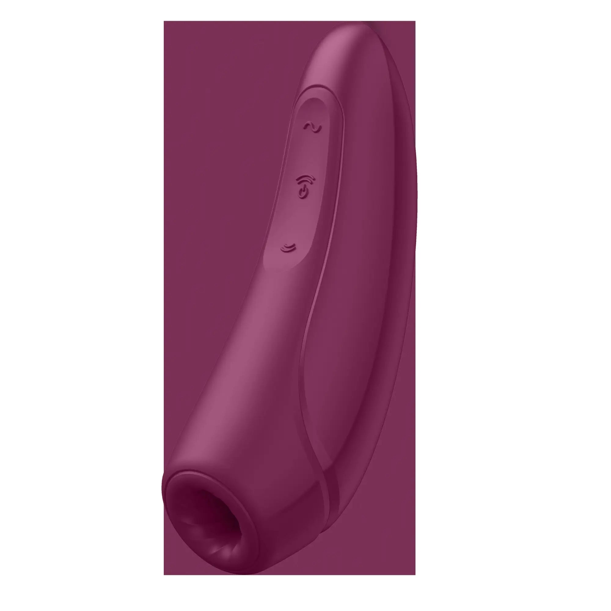 Satisfyer curvy1+ rose red sleek matte plum adult toy with three tactile control buttons on its curved surface