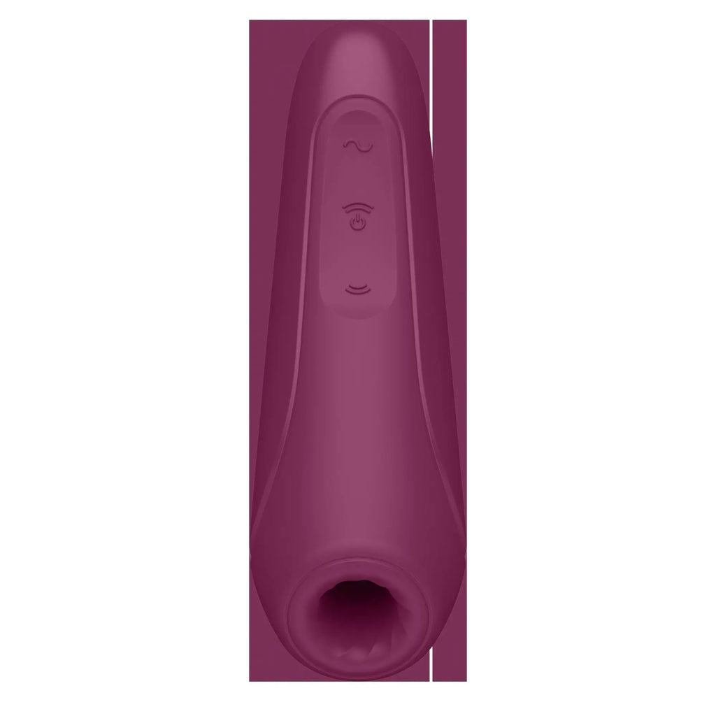A sleek matte purple satisfyer curvy1 plus adult toy with three embossed control buttons on its smooth surface