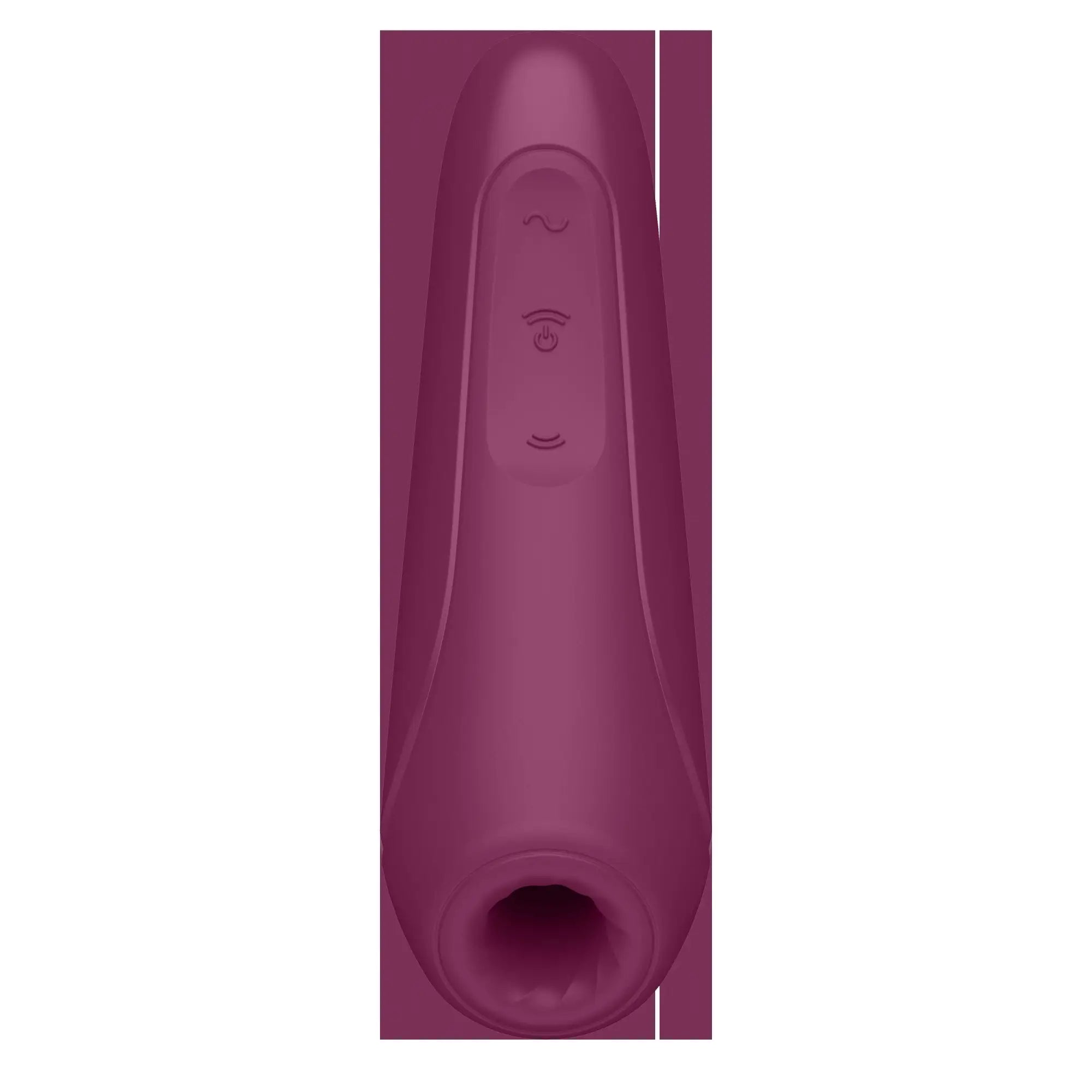 A sleek matte purple satisfyer curvy1 plus adult toy with three embossed control buttons on its smooth surface