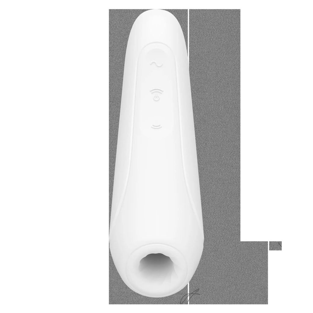 White silicone Satisfyer Curvy1+ with three embossed control buttons on the side showing the back of the product