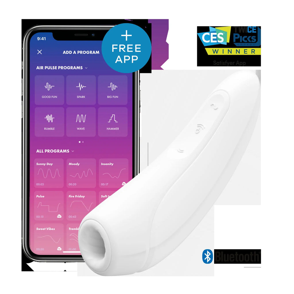 White silicone-wrapped satisfyer curvy1+ pleasure device with ergonomic design and bluetooth connectivity