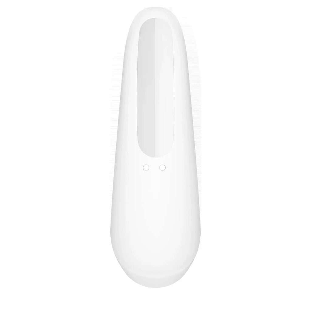 Satisfyer curvy1+ white ergonomic remote control with sleek plastic finish and two small circular buttons near the base