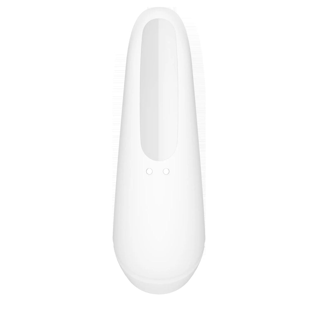Satisfyer curvy1+ white ergonomic remote control with sleek plastic finish and two small circular buttons near the base