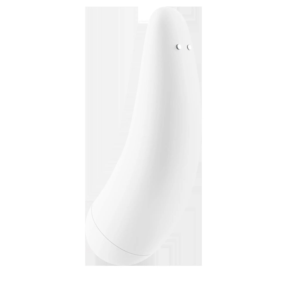 White sleekly curved silicone phone stand with two small silver dots from satisfyer curvy1 plus white product line