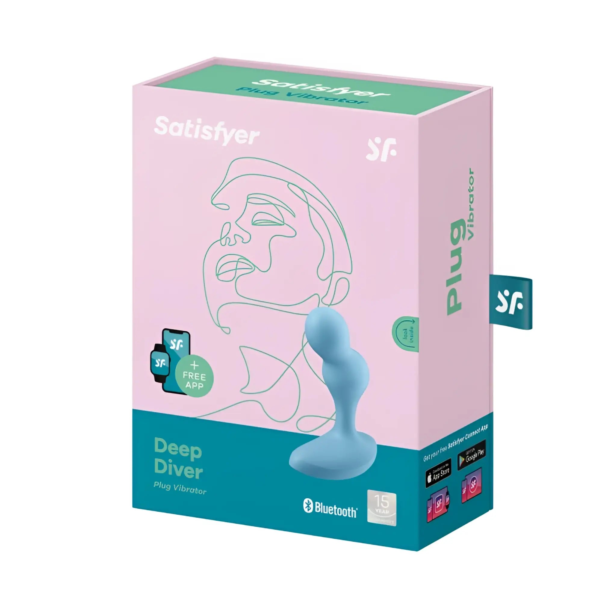 Light blue silicone anal plug vibrator in pink and teal satisfyer deep diver packaging box for app connection