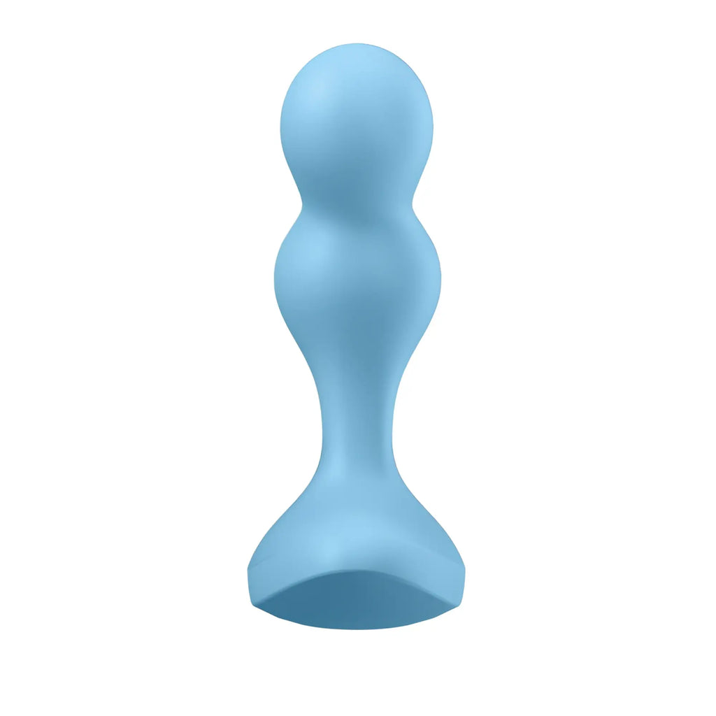 Light blue silicone Satisfyer Deep Diver vibrating anal plug with smooth rounded contours and tapered base