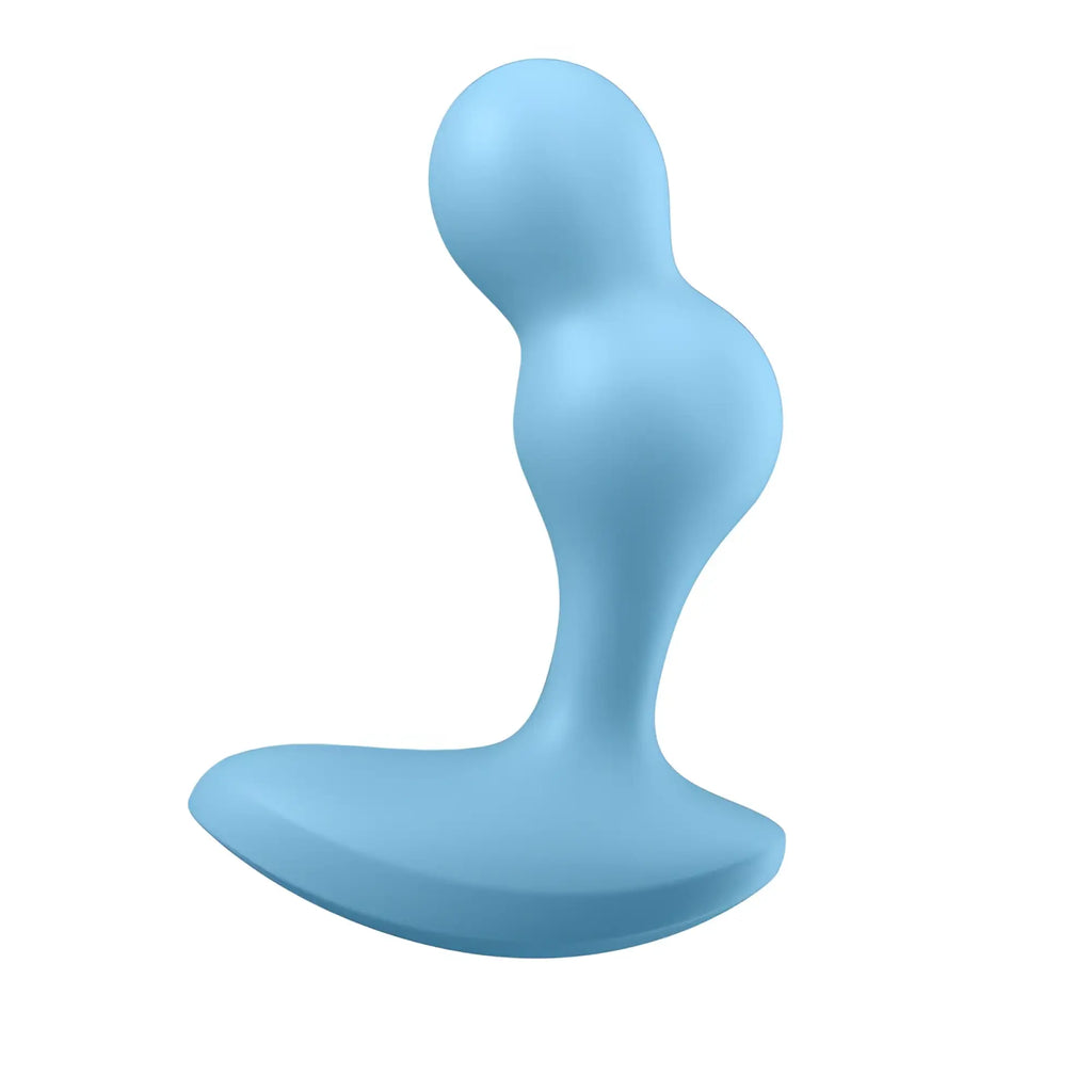 Light blue silicone satisfyer deep diver vibrating connect app anal plug with smooth contours and wide stable base