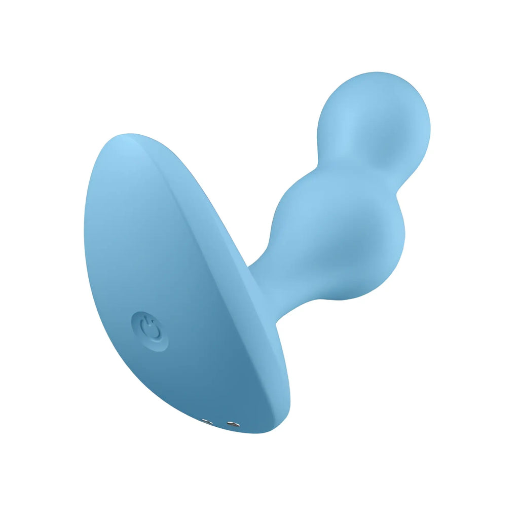 Light blue silicone satisfyer deep diver vibrating connect app anal plug with rounded segmented design and power button