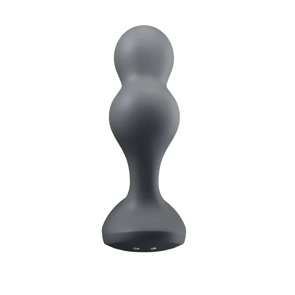 Gray silicone satisfyer deep diver vibrating connect app anal plug with smooth rounded design and base indentations
