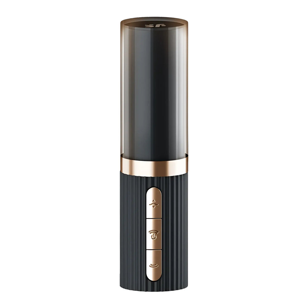 Satisfyer Satisfyer Deep Kiss black and gold cylindrical device with textured grip and three metallic control buttons