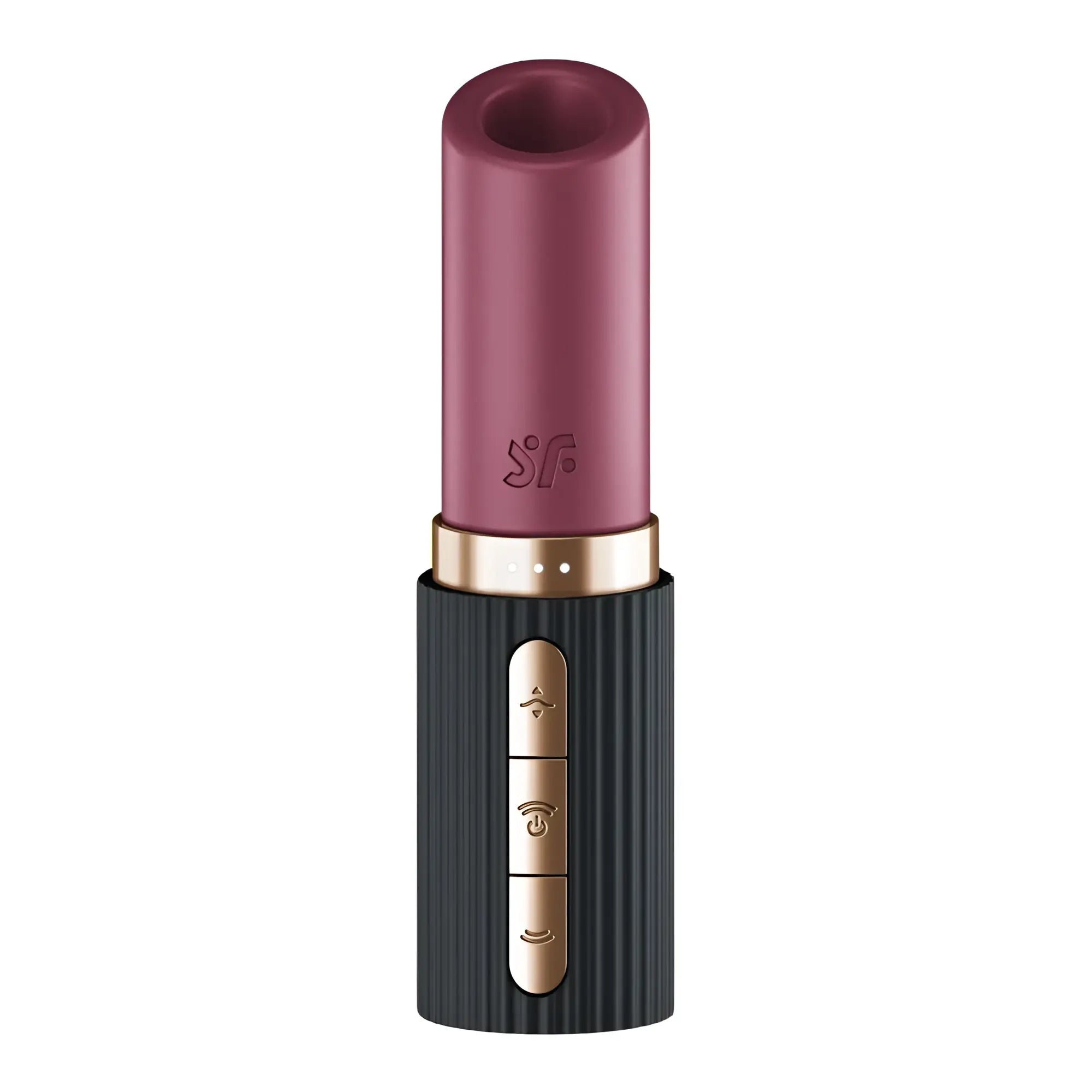 A sleek matte burgundy lipstick with a black ribbed base and gold-tone buttons from satisfyer deep kiss