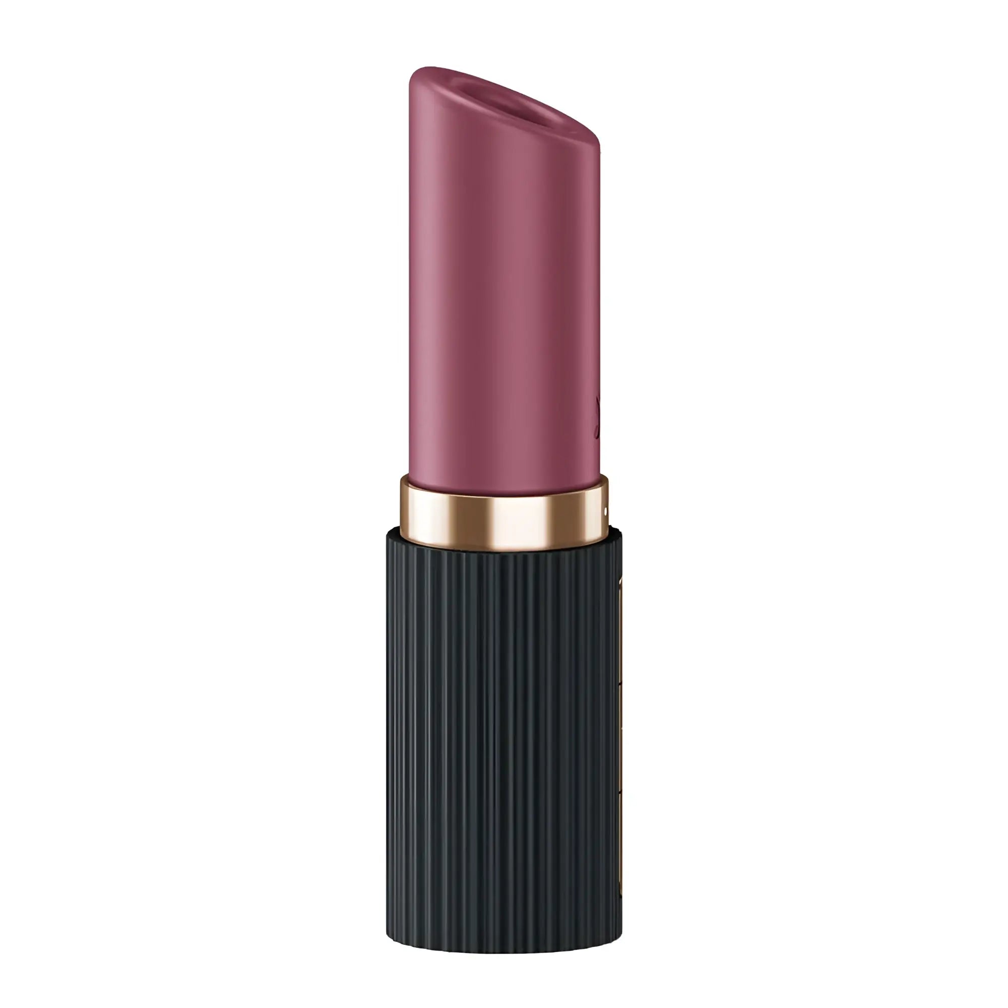 A sleek matte mauve lipstick in a ribbed black tube with gold band from satisfyer deep kiss