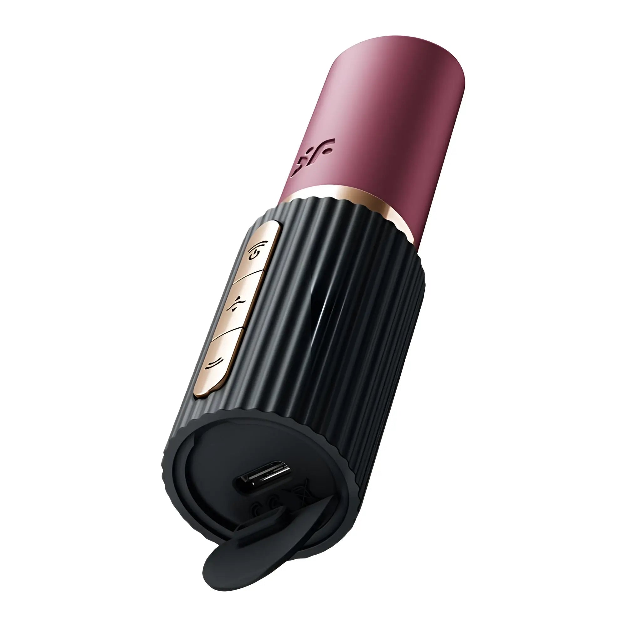 Satisfyer Deep Kiss wireless bluetooth speaker in rose gold and black with ribbed lipstick-inspired design