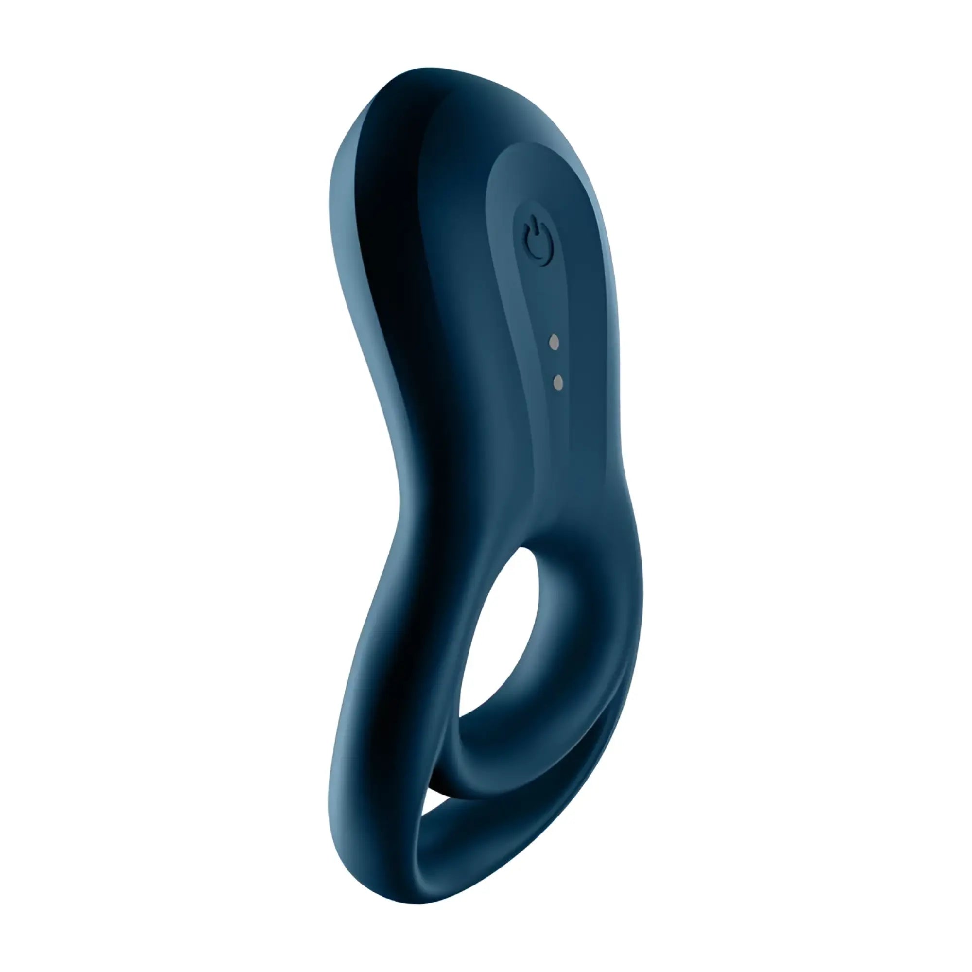 Dark blue silicone satisfyer epic duo cockring with power button and two indicator lights on curved surface