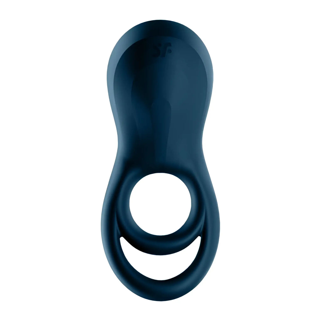 Dark blue silicone satisfyer epic duo cockring with smooth glossy finish ergonomic design and two interlocking rings