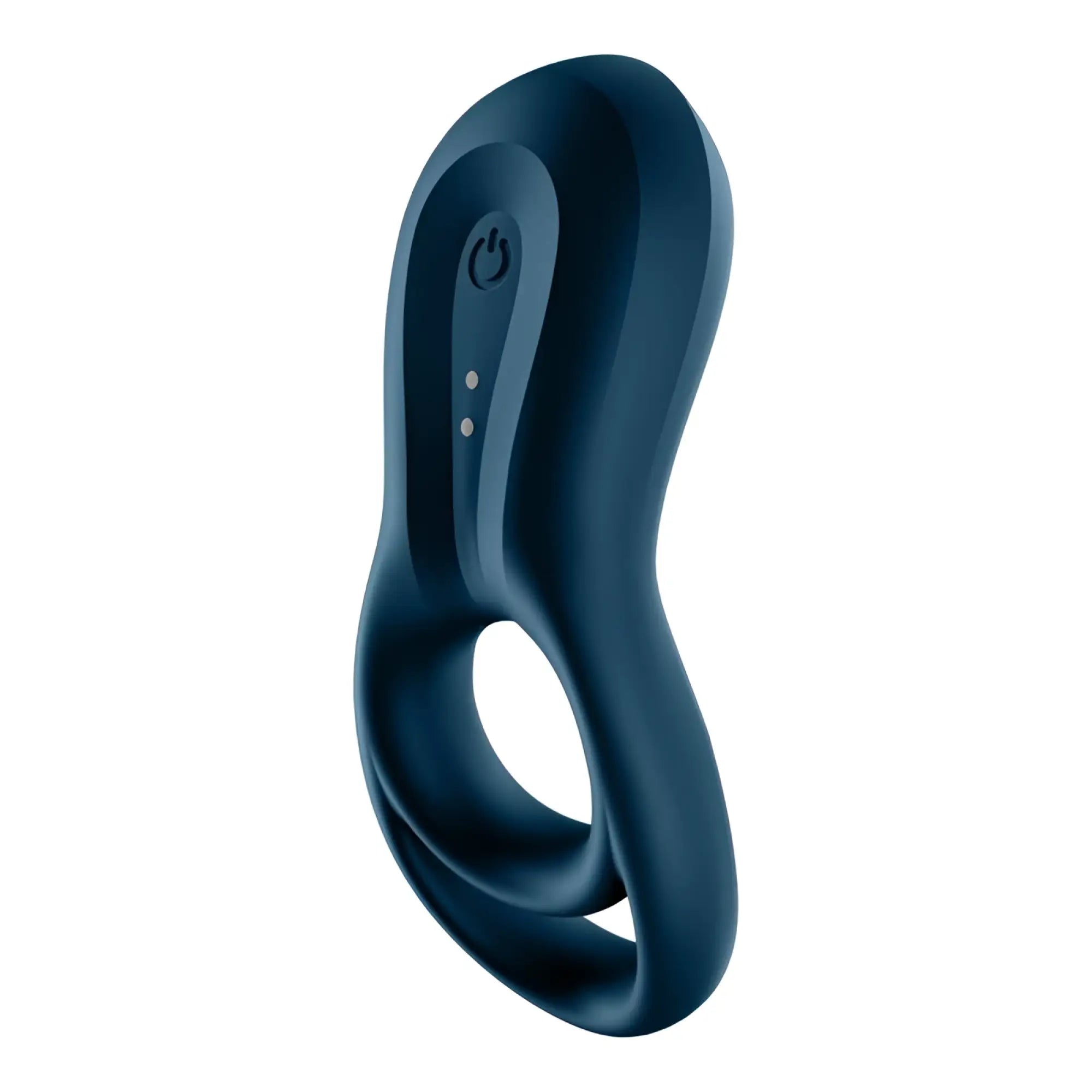 Dark blue silicone satisfyer epic duo cockring with integrated control panel and bluetooth connect app features power button and indicator lights