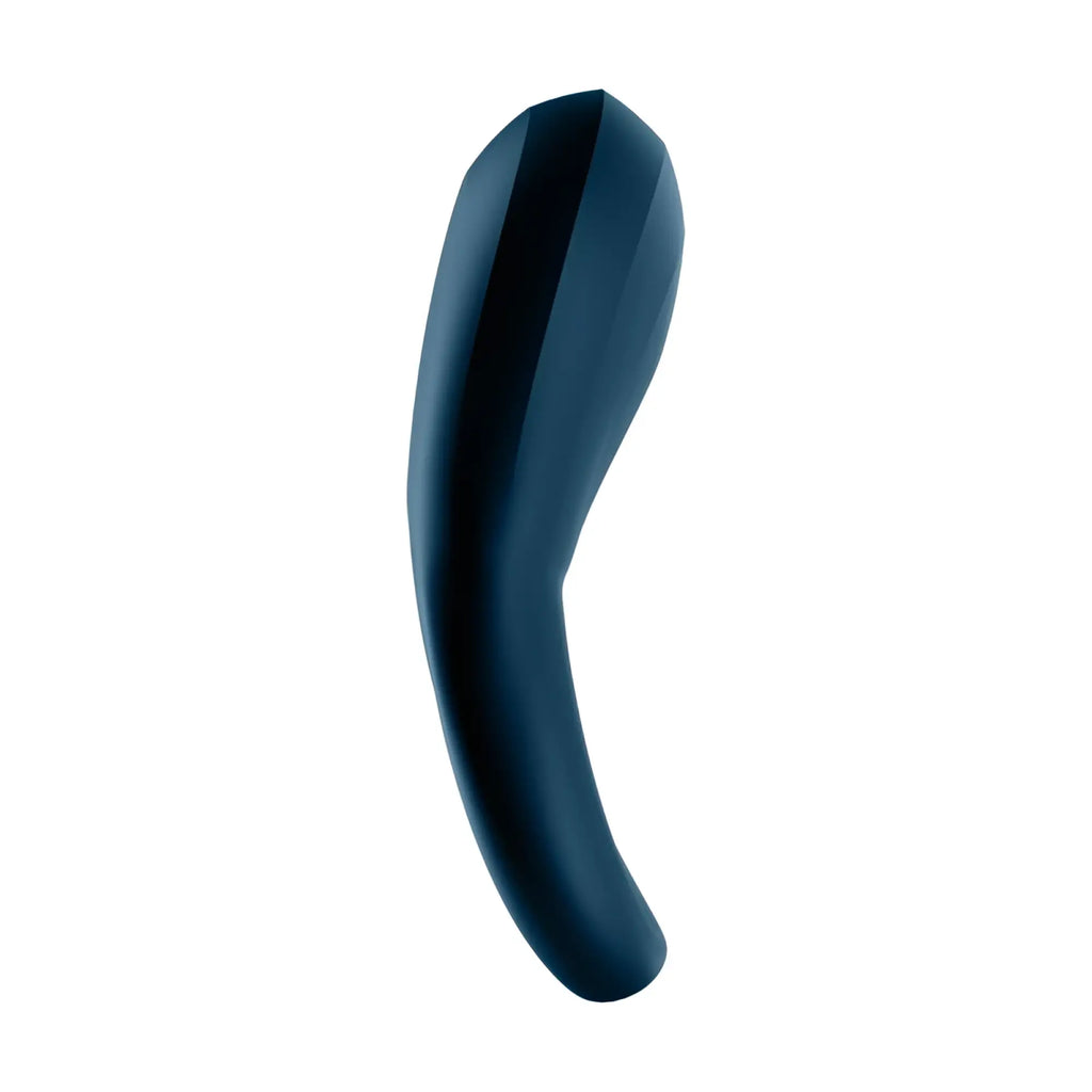 Dark blue silicone satisfyer epic duo cockring with sleek curved design and bluetooth connect app features
