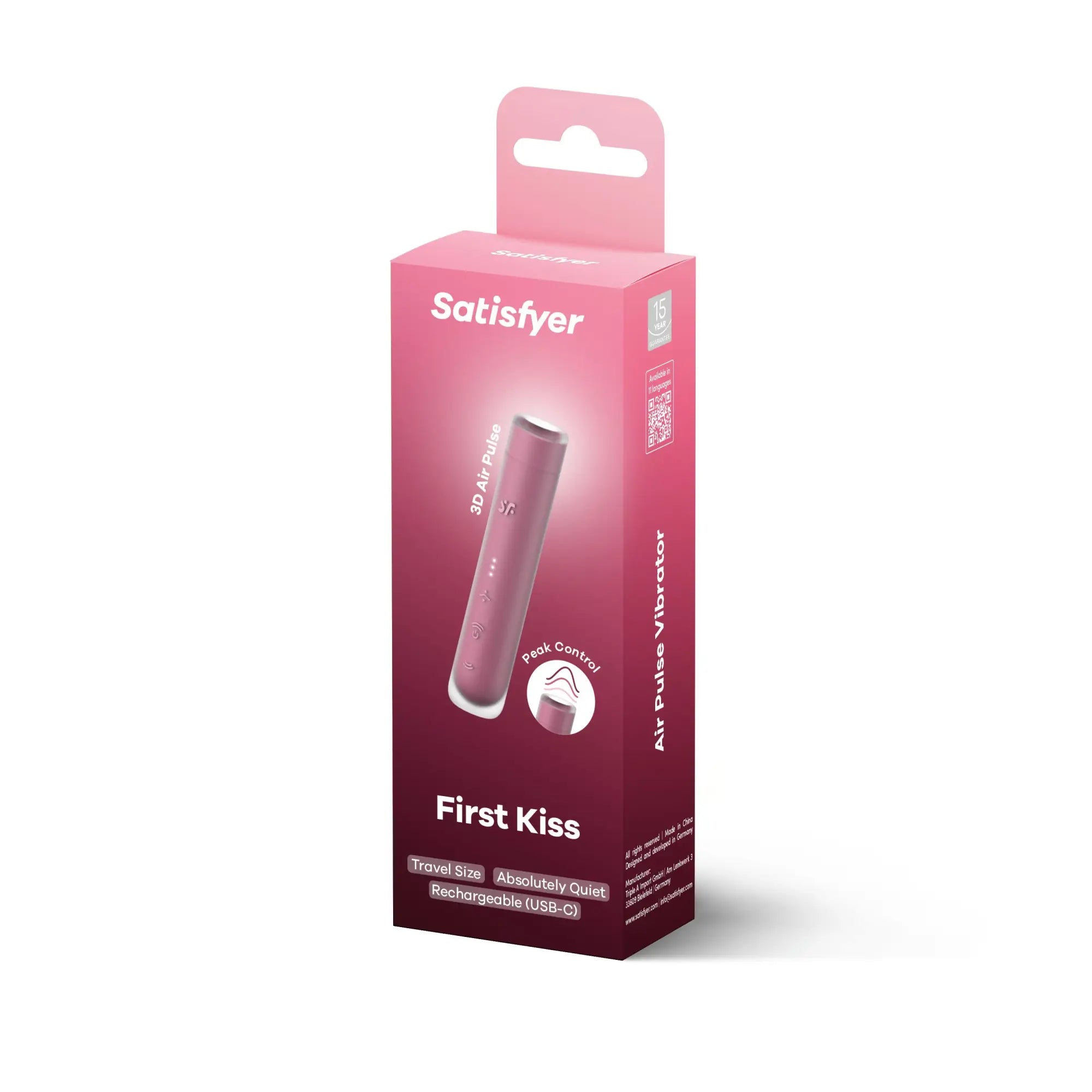 Pink satisfyer first kiss 3d air pulse vibrator in retail packaging designed for gentle clitoral stimulation