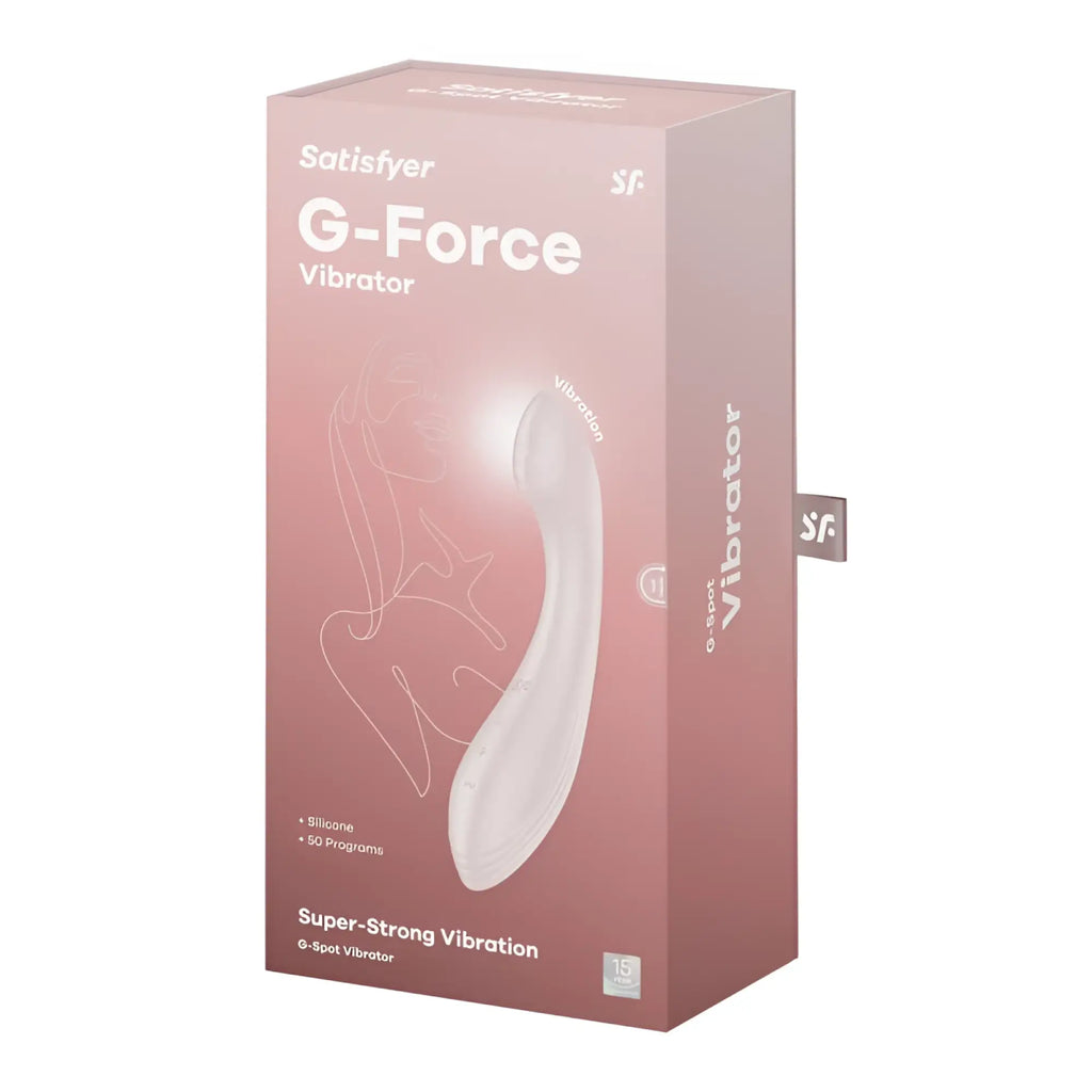 Pink satisfyer g-force beige vibrator in sleek silicone packaging with smooth curved design for g-spot stimulation
