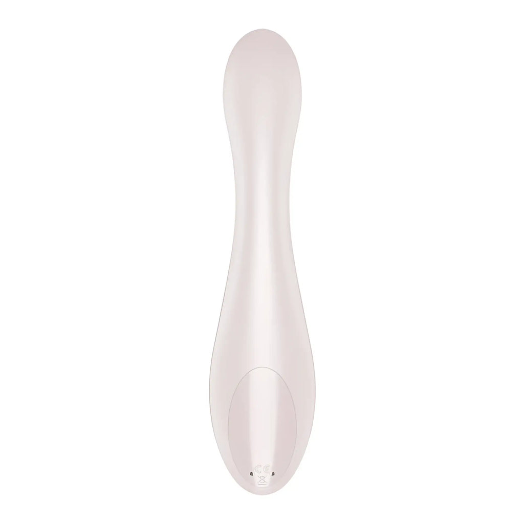 A sleek matte finish white Satisfyer g-force adult toy with smooth ergonomic design and subtle contours