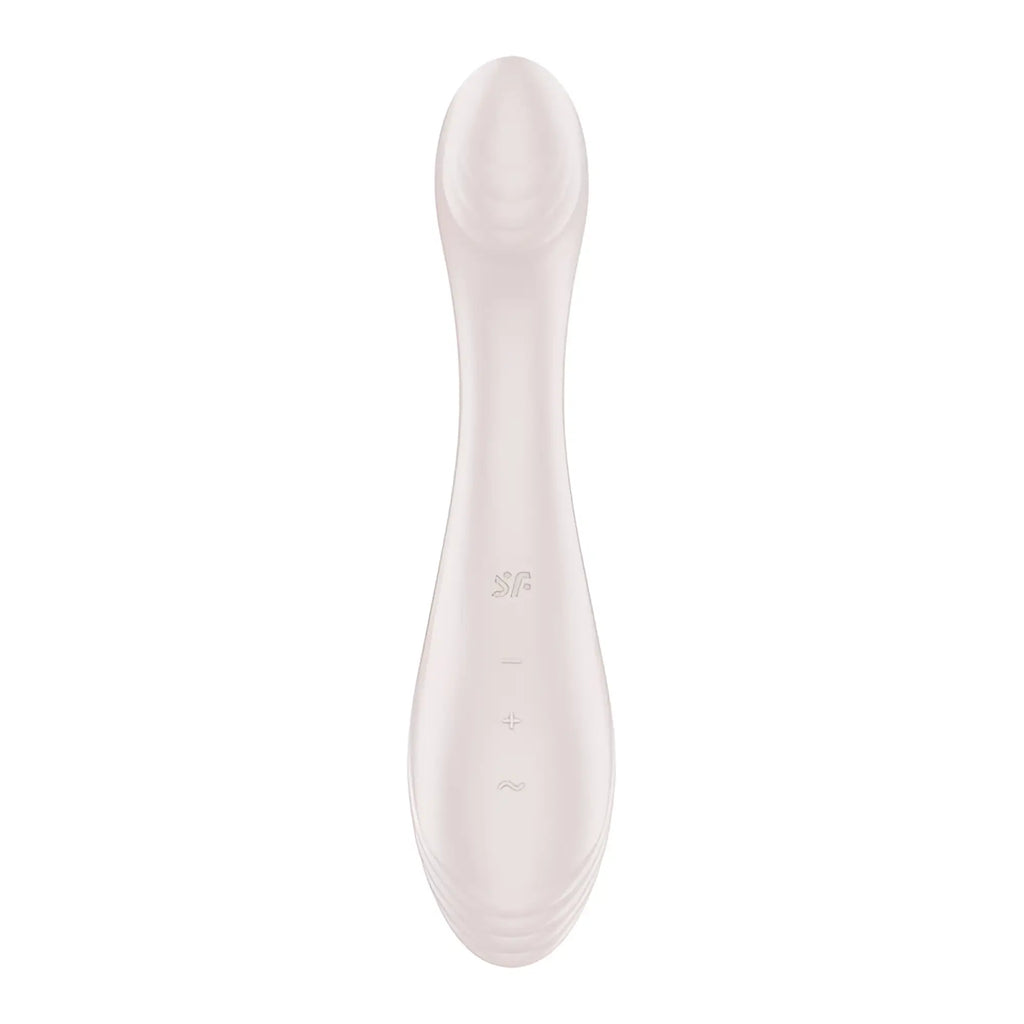 A sleek matte white silicone satisfyer g-force beige toy with smooth ergonomic design and subtle control buttons