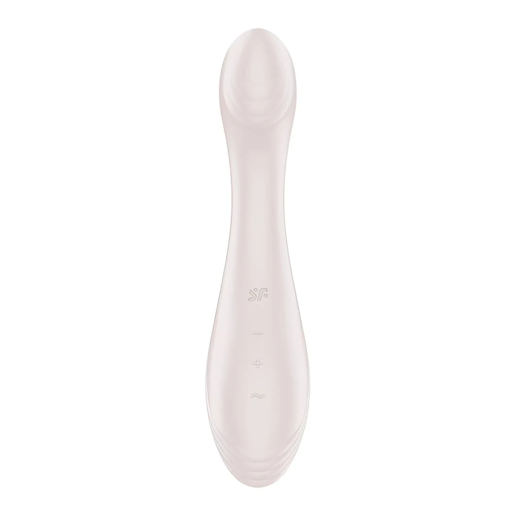 A sleek matte white silicone satisfyer g-force beige toy with smooth ergonomic design and subtle control buttons