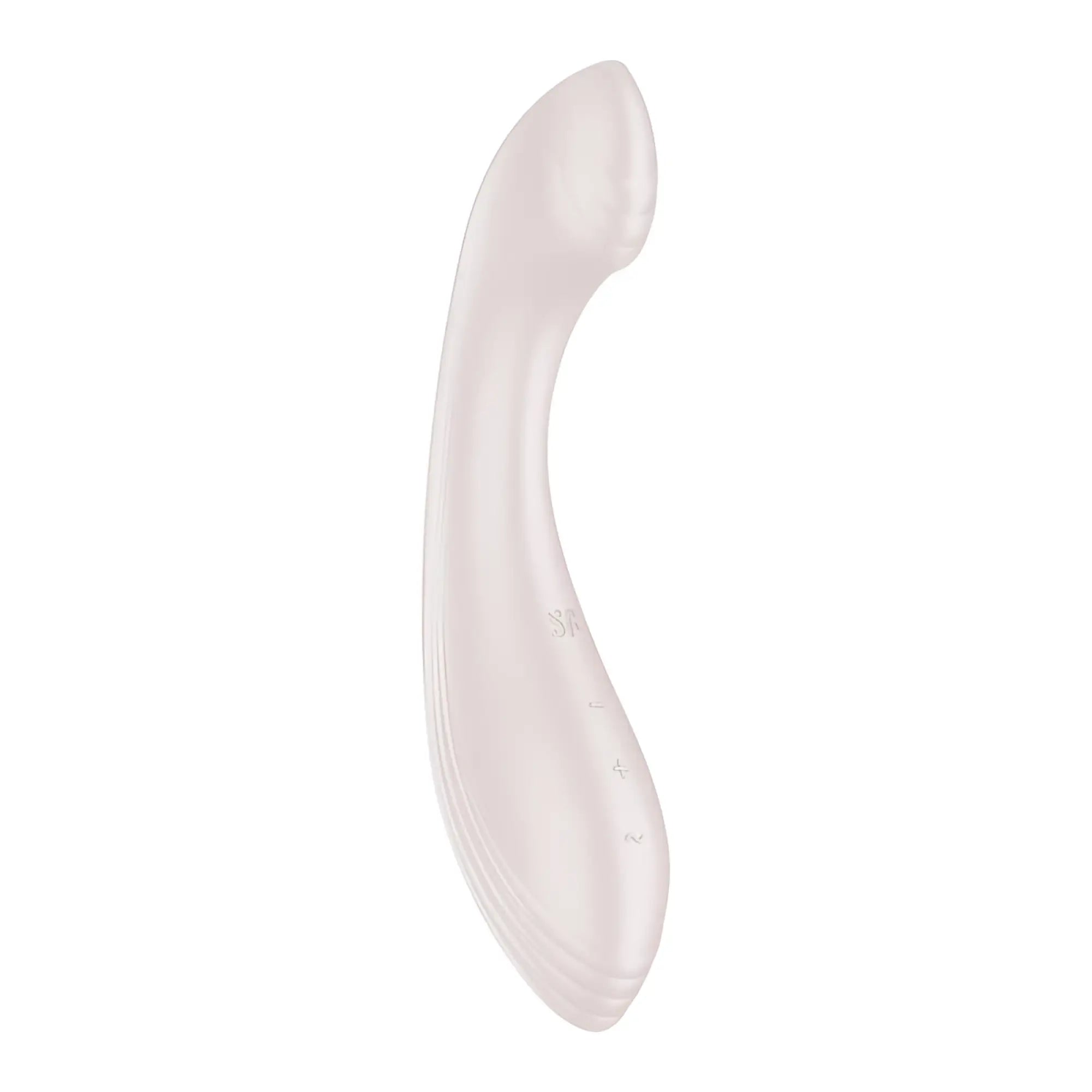 A sleek beige satisfyer g-force silicone toy with smooth curved design and subtle embossed markings